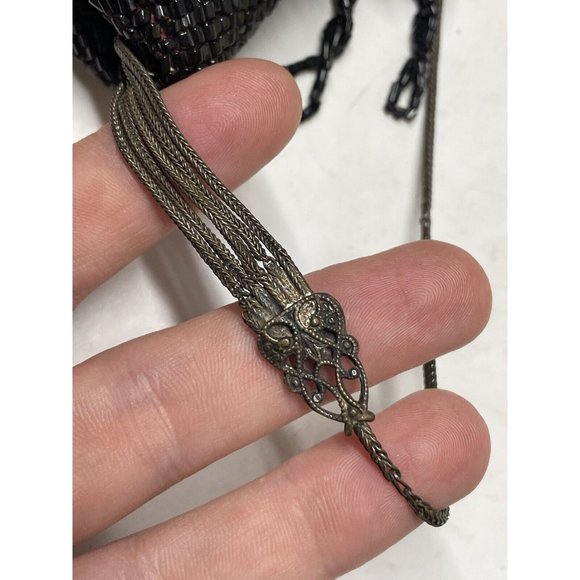 Antique Vintage 20th C.  Dark Black Red Beaded Flapper Art Deco Glass Purse Bag - Picture 9 of 16